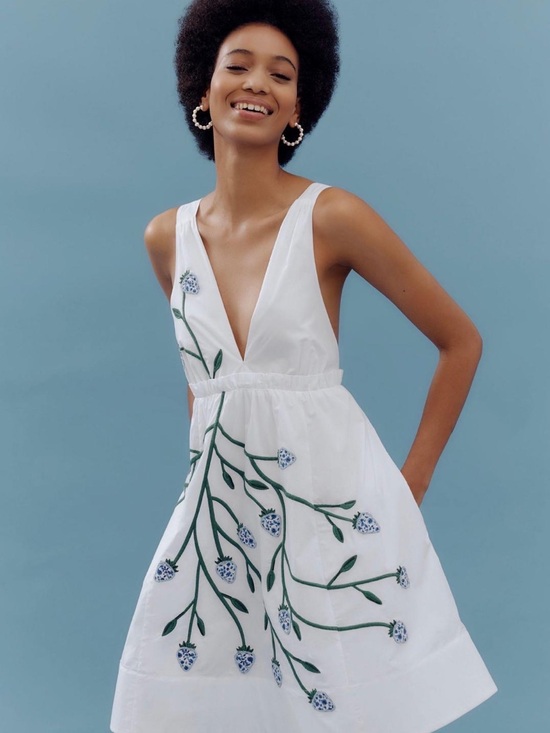 Maeve Dresses & Skirts - Maeve White V-Neck Embroidered Mini Dress with Green & Blue Floral Detail